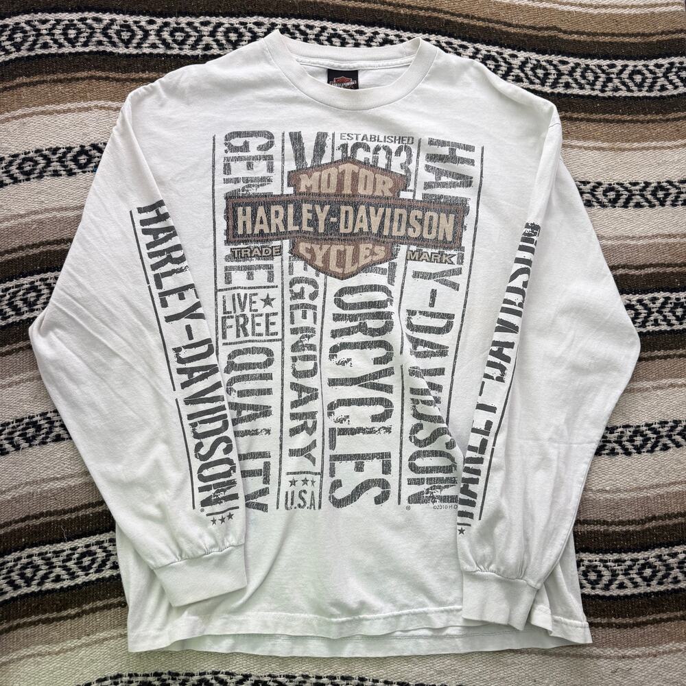 Men's 2010 Harley Davidson Motorcycles White Black Long Sleeve Biker Shirt Sz XL